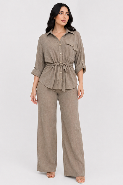 Women's Two-Piece Set Textured Shirt Wide-Leg Pants