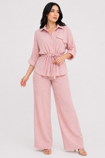 Women's Two-Piece Set Textured Shirt Wide-Leg Pants