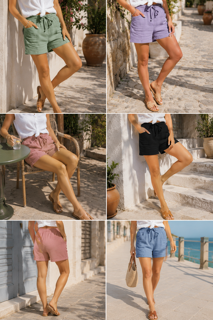Da Donna Pantaloncini in Garza di Cotone con Coulisse e Tasche Casual Estivi
