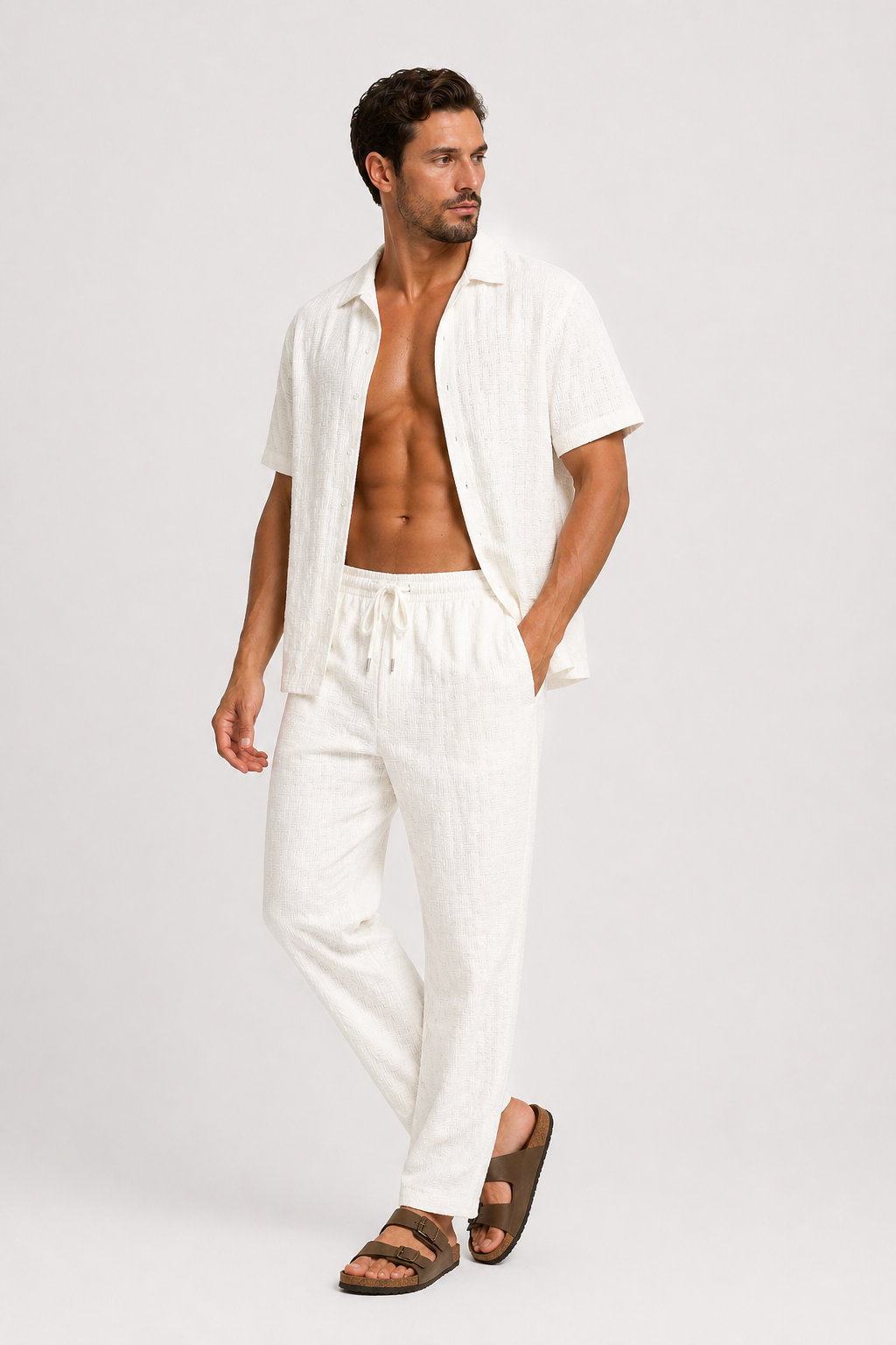 Da Uomo Completo Estivo Coordinato Camicia Texture Pantalone Relax