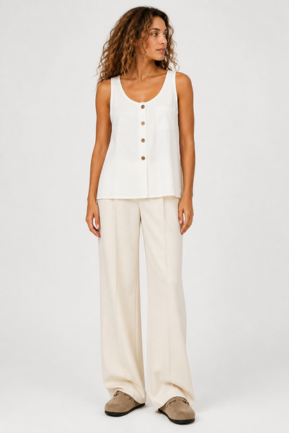 Da Donna Top Smanicato Girocollo con Bottoni Frontali Casual