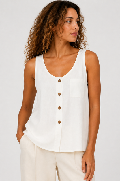 Da Donna Top Smanicato Girocollo con Bottoni Frontali Casual