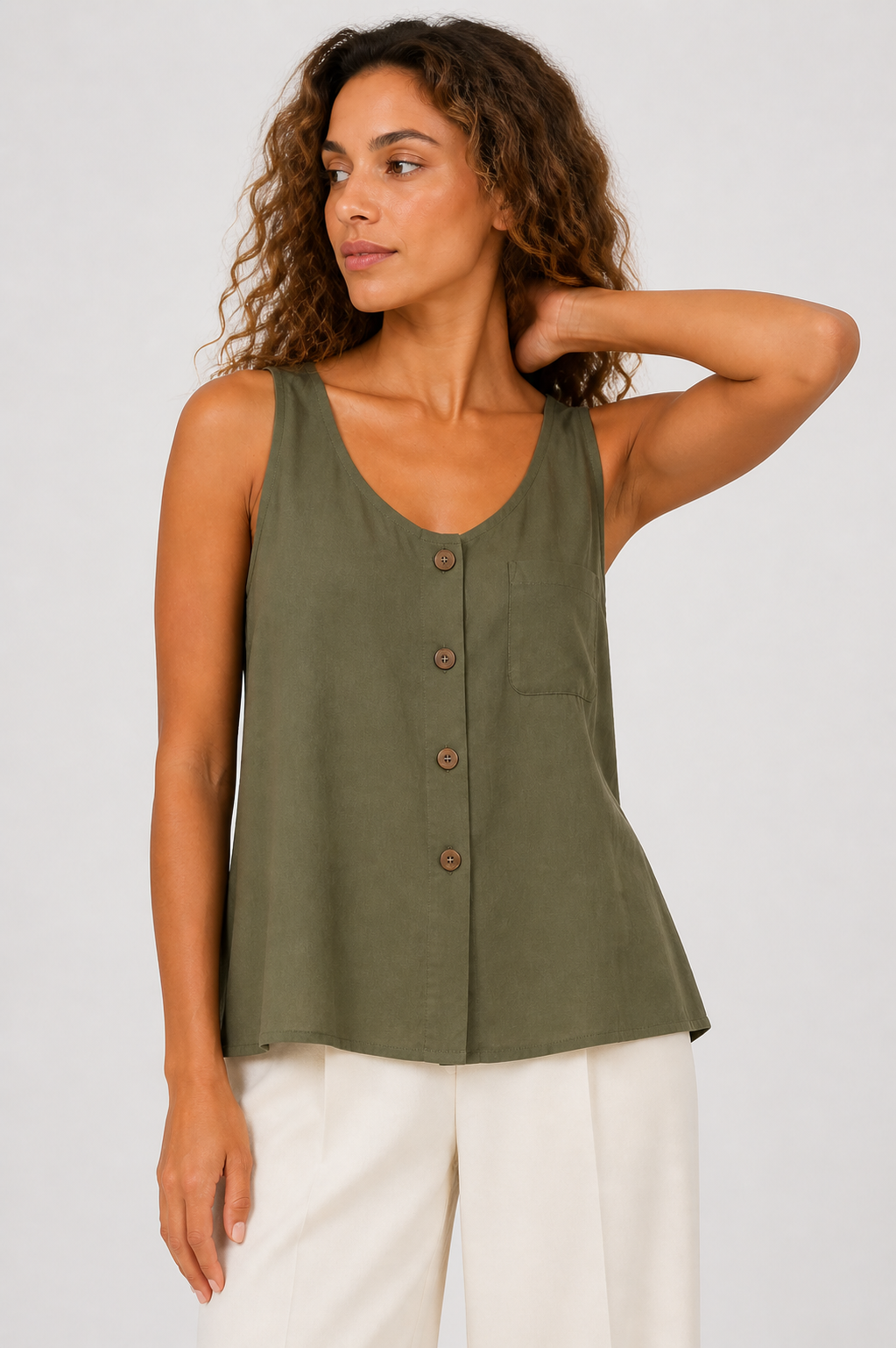 Da Donna Top Smanicato Girocollo con Bottoni Frontali Casual
