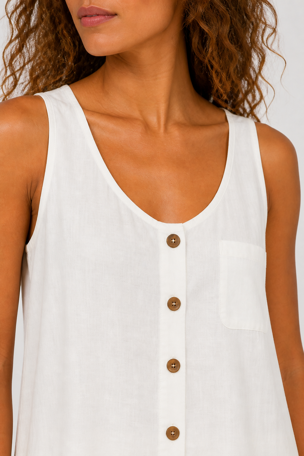 Da Donna Top Smanicato Girocollo con Bottoni Frontali Casual