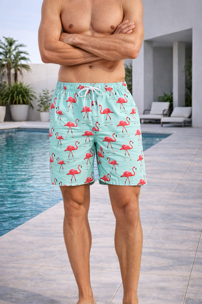 Da Uomo Costume da Bagno con Coulisse e Stampa Fenicotteri Stile Tropicale