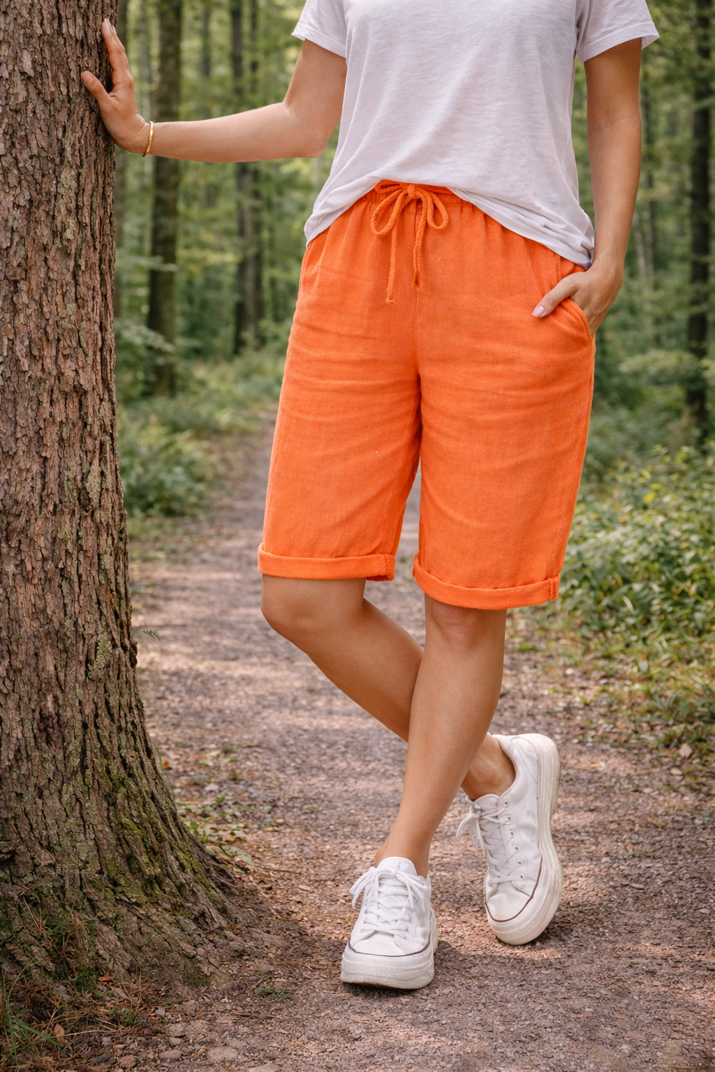Da Donna Pantaloncini in Cotone al Ginocchio con Coulisse e Vestibilità Morbida