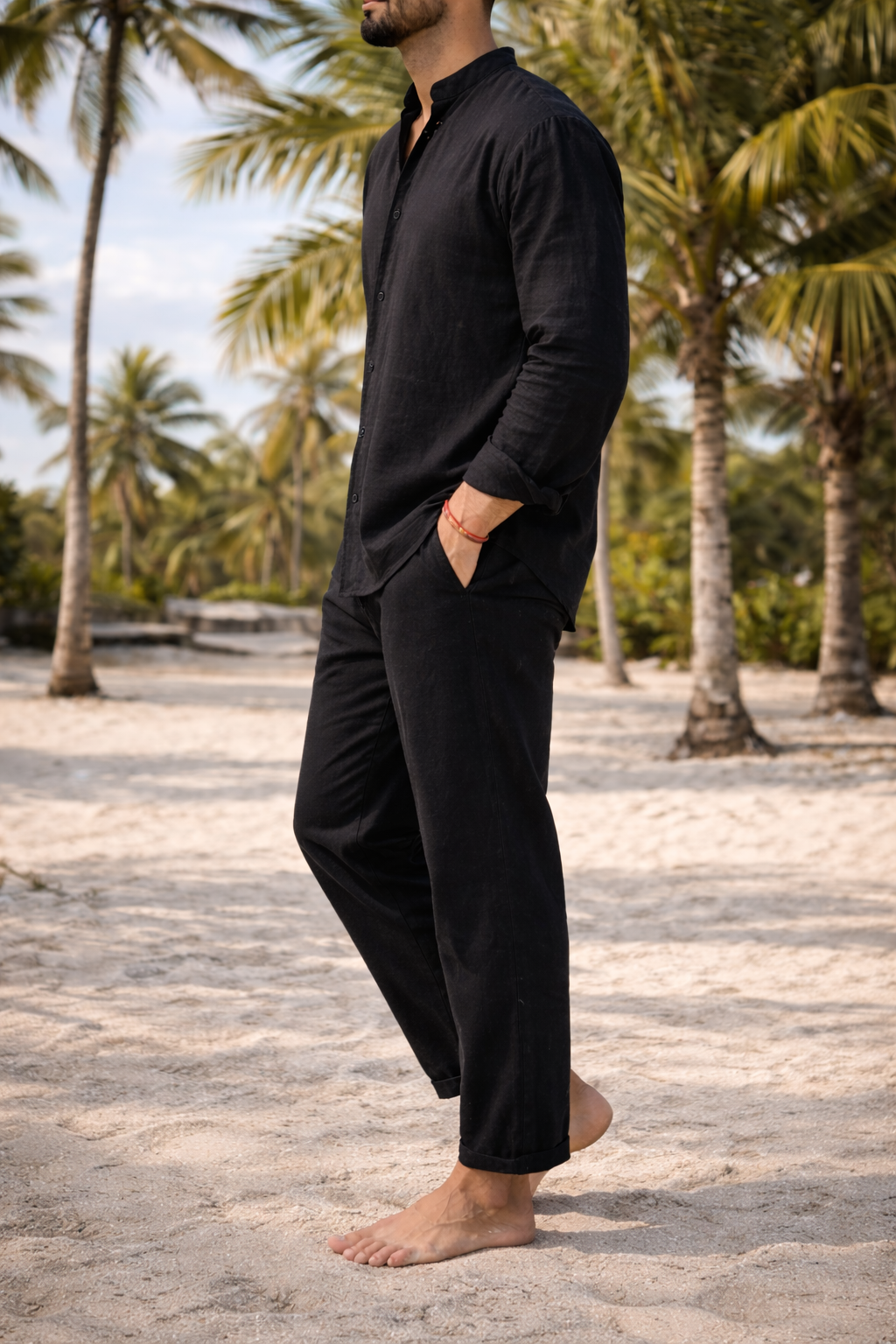 Da Uomo Completo Coordinato in Lino con Camicia Coreana e Pantaloni