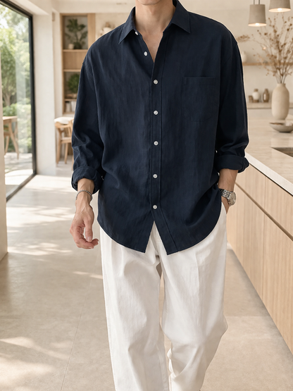 Da Uomo Camicia in Misto Lino a Maniche Lunghe con Bottoni Casual