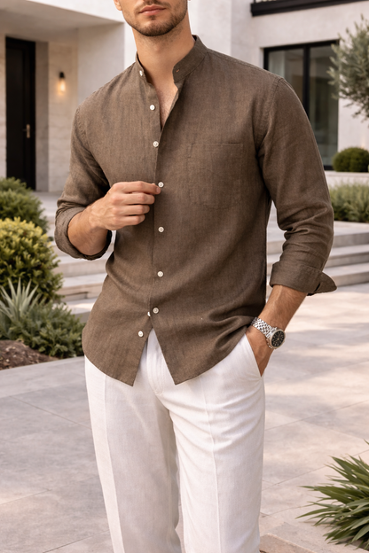 Da Uomo Camicia Casual in Misto Lino con Collo Coreano