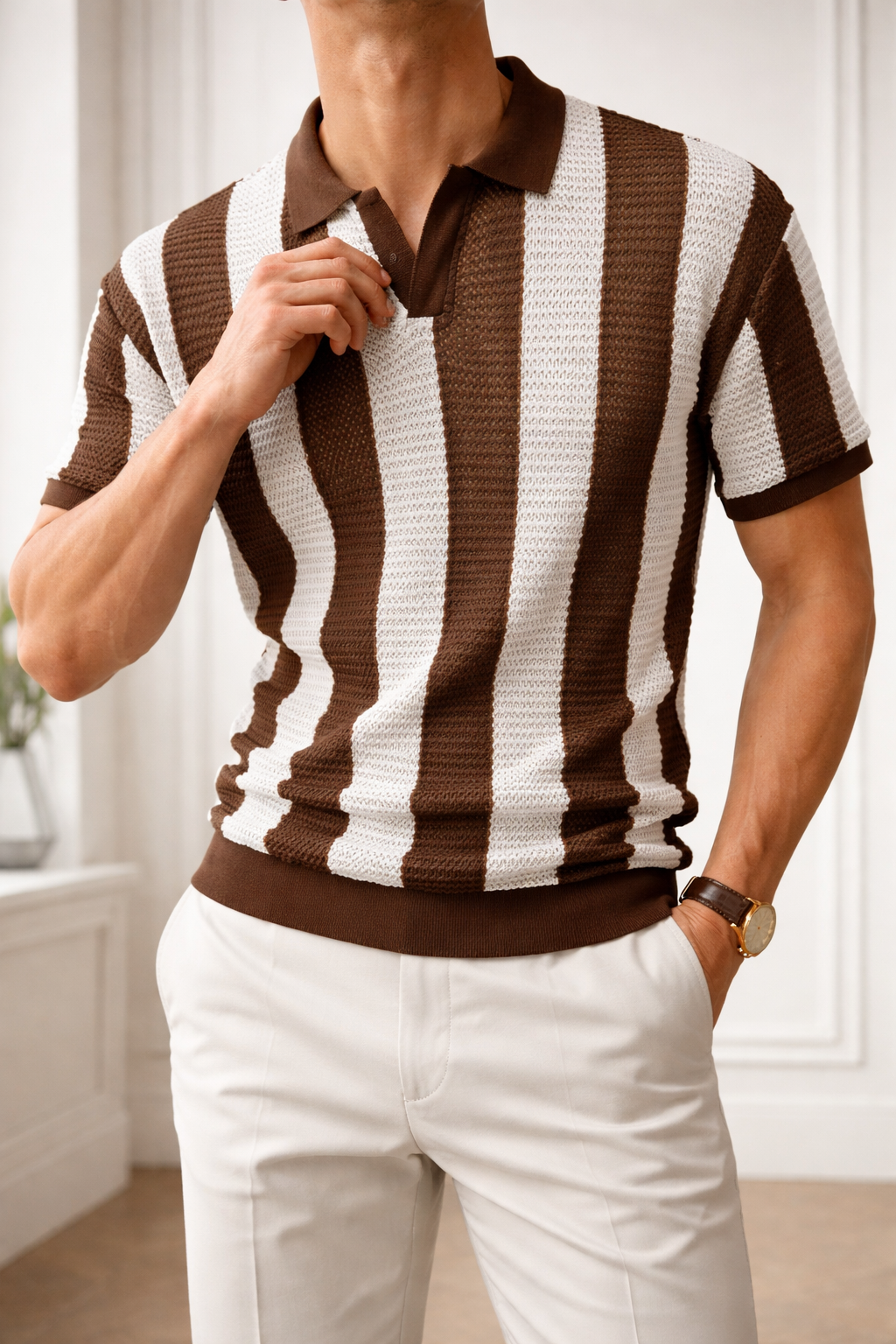 Da Uomo Polo in Maglia Testurizzata con Righe Verticali