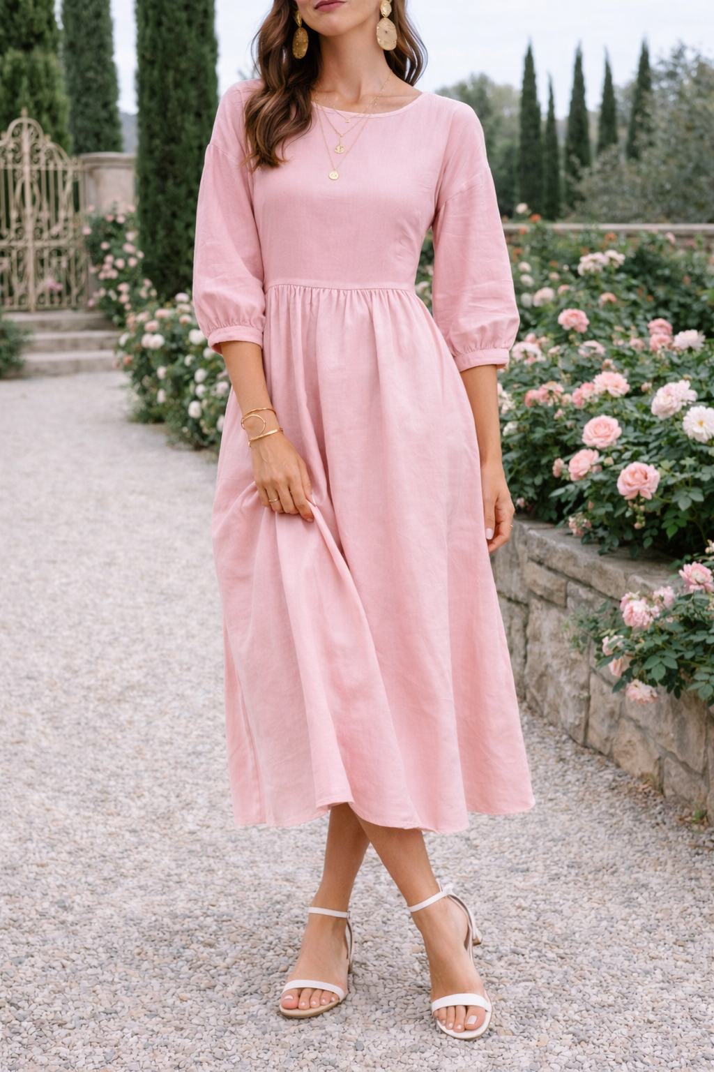 Da Donna Abito Maxi Stile Smock con Tasche e Maniche 3/4