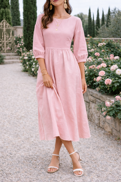 Da Donna Abito Maxi Stile Smock con Tasche e Maniche 3/4