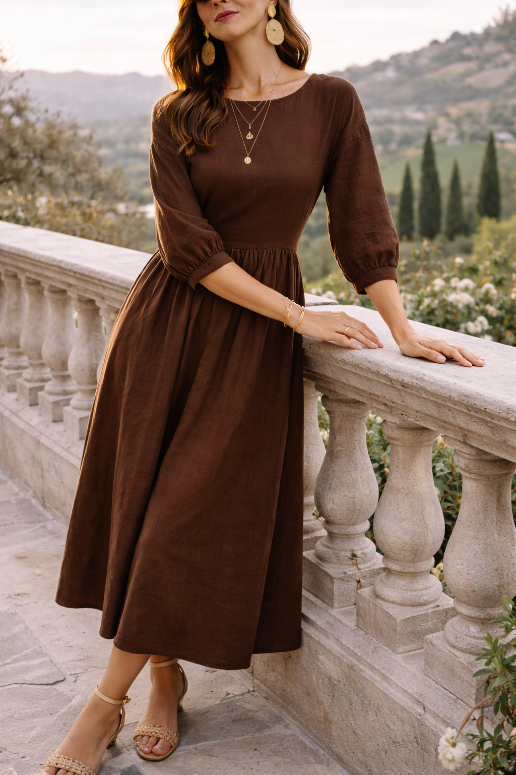 Da Donna Abito Maxi Stile Smock con Tasche e Maniche 3/4