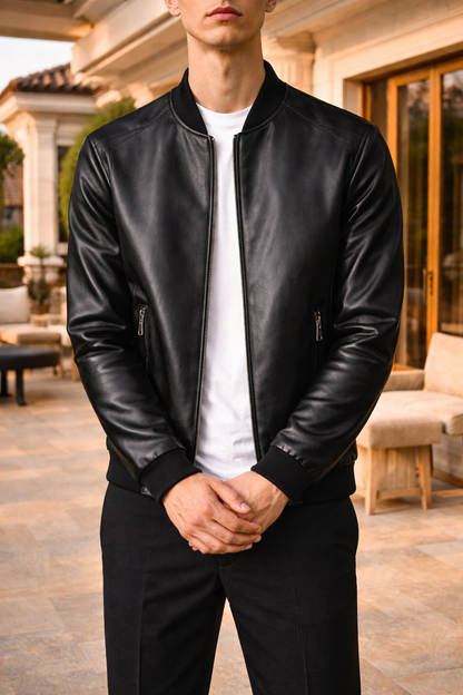 Da Uomo Giacca Bomber Pelle Coste Zip Linea Moderna
