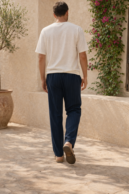 Da Uomo Pantaloni in Lino a Righe Verticali con Coulisse Casual Estivi