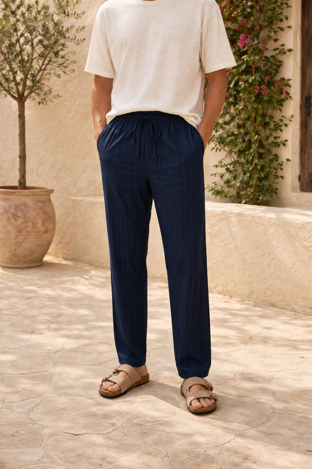 Da Uomo Pantaloni in Lino a Righe Verticali con Coulisse Casual Estivi