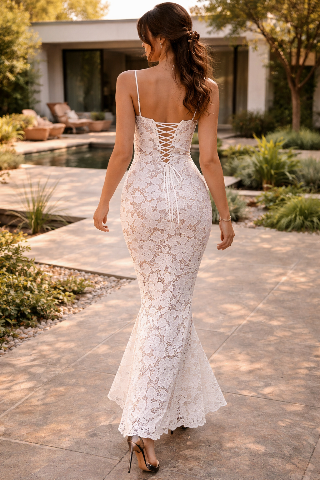 Da Donna Abito Maxi in Pizzo con Spalline Sottili