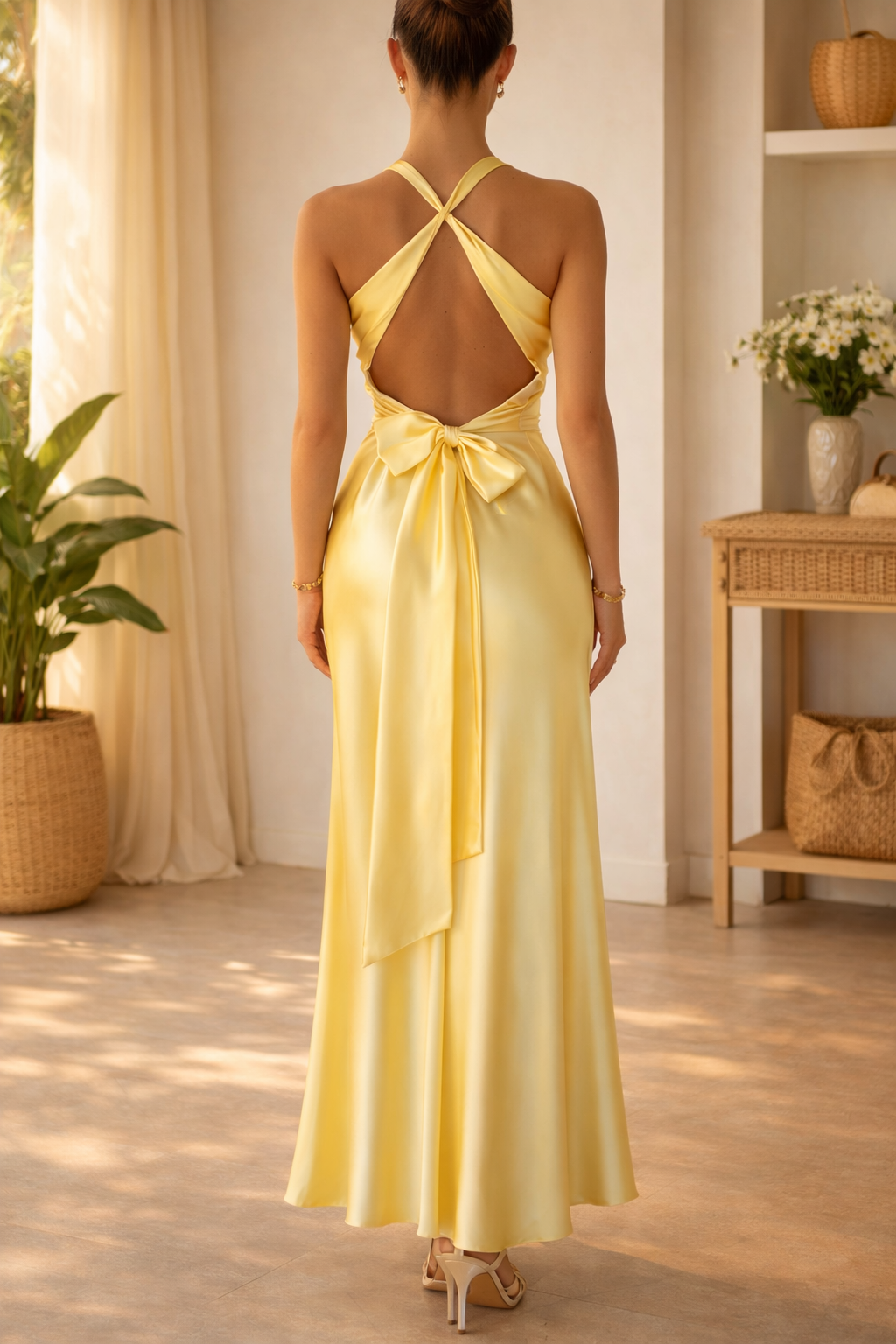 Da Donna Abito Maxi con Scollo Profondo e Nodo Drappeggiato