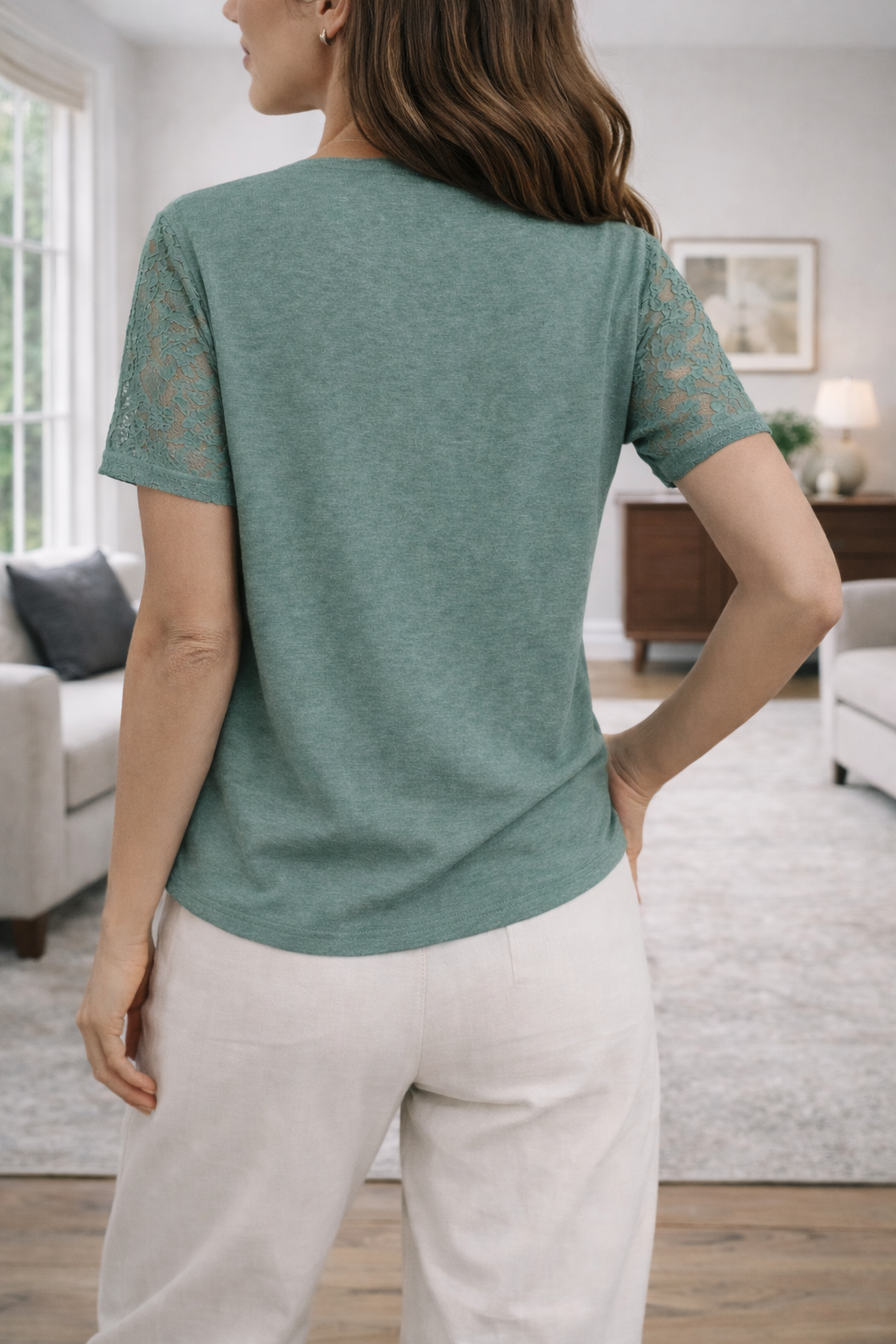 Da Donna Blusa Scollo V Maniche in Pizzo