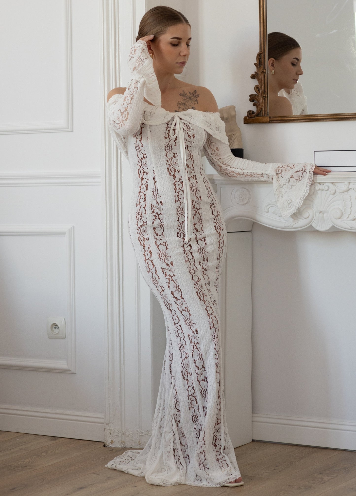 Da Donna Abito Maxi in Pizzo Elegante con Scollo Bardot