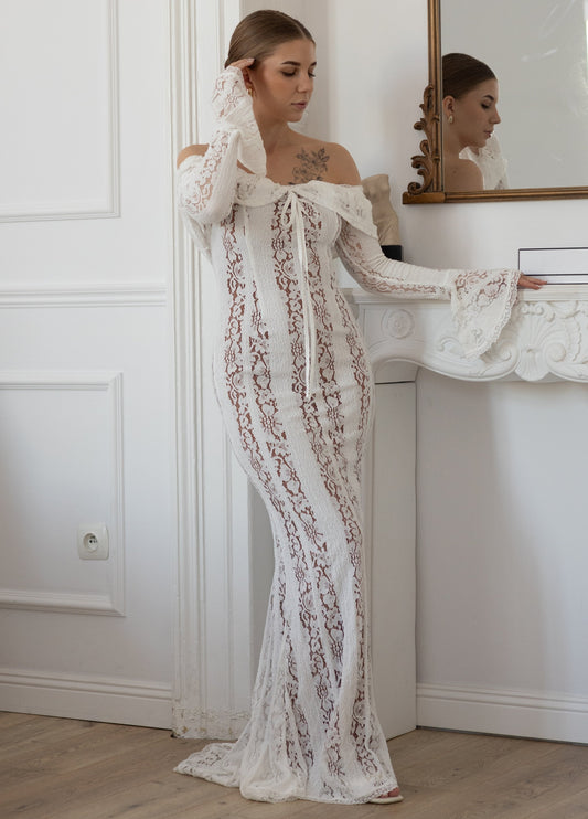 Da Donna Abito Maxi in Pizzo Elegante con Scollo Bardot