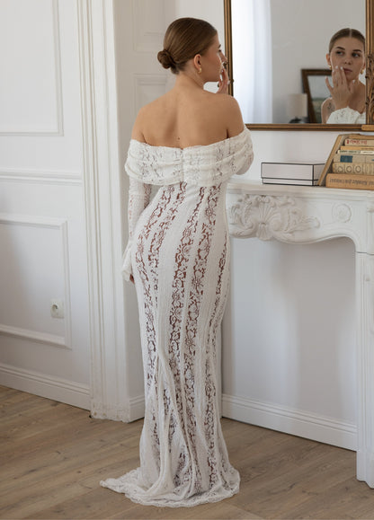 Da Donna Abito Maxi in Pizzo Elegante con Scollo Bardot