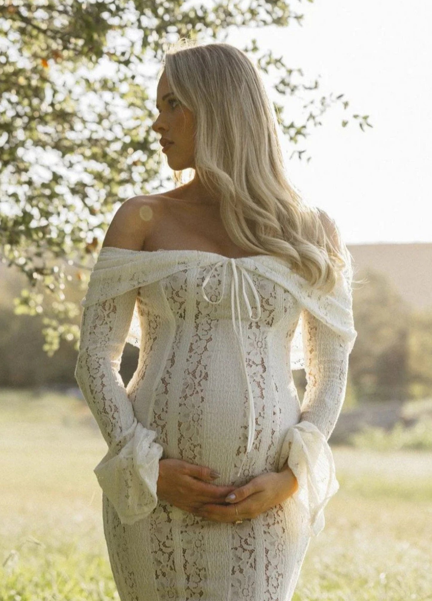Da Donna Abito Maxi in Pizzo Elegante con Scollo Bardot