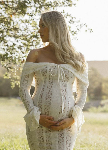 Da Donna Abito Maxi in Pizzo Elegante con Scollo Bardot