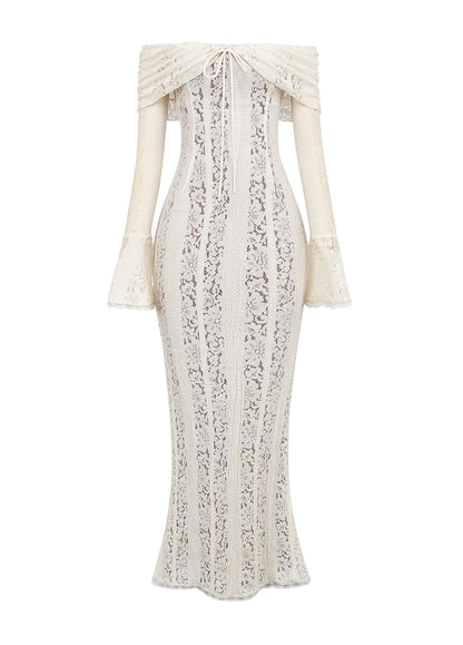Da Donna Abito Maxi in Pizzo Elegante con Scollo Bardot