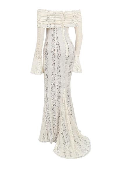 Da Donna Abito Maxi in Pizzo Elegante con Scollo Bardot