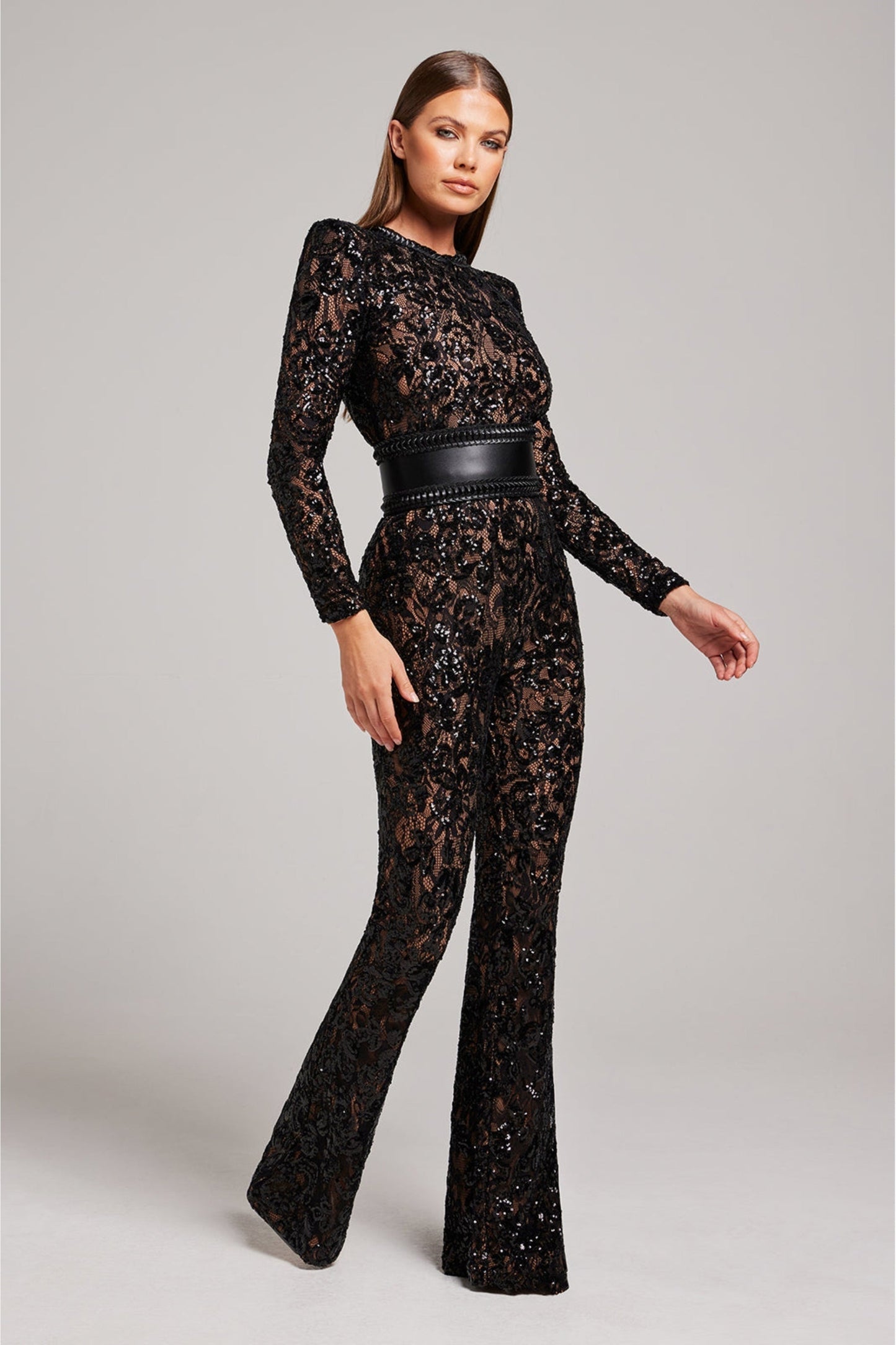 Da Donna Tuta Elegante in Pizzo con Paillettes e Maniche Lunghe