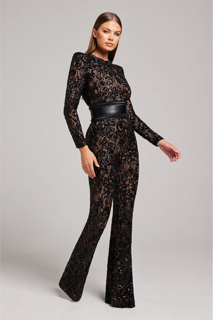 Da Donna Tuta Elegante in Pizzo con Paillettes e Maniche Lunghe