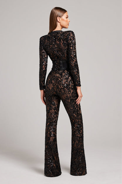 Da Donna Tuta Elegante in Pizzo con Paillettes e Maniche Lunghe