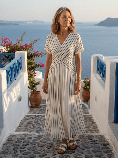 Da Donna Abito Midi Stampato con Vita Incrociata e Maniche Corte