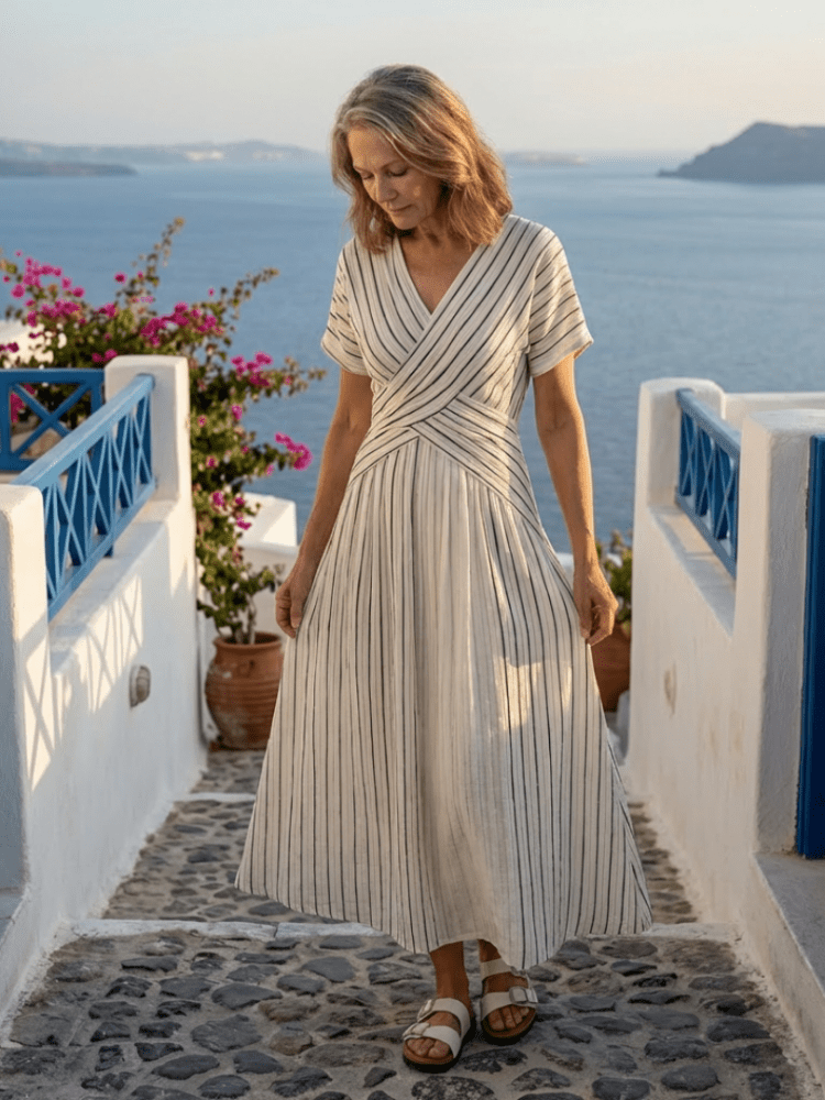 Da Donna Abito Midi Stampato con Vita Incrociata e Maniche Corte