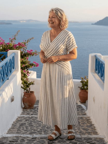 Da Donna Abito Midi Stampato con Vita Incrociata e Maniche Corte