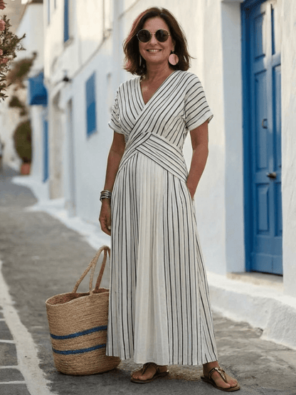Da Donna Abito Midi Stampato con Vita Incrociata e Maniche Corte