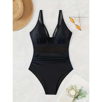Da Donna Costume da Bagno Scollo a V Profondo Pannello in Mesh Arricciato Vita Alta