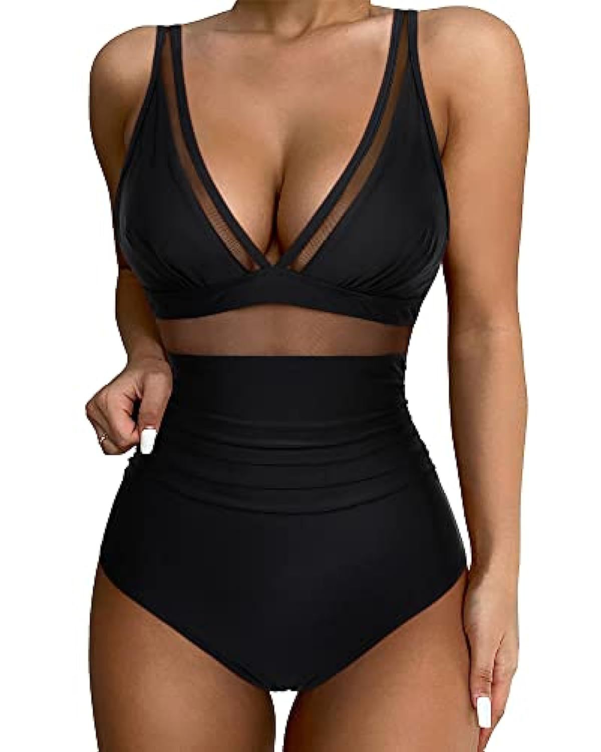 Da Donna Costume da Bagno Scollo a V Profondo Pannello in Mesh Arricciato Vita Alta