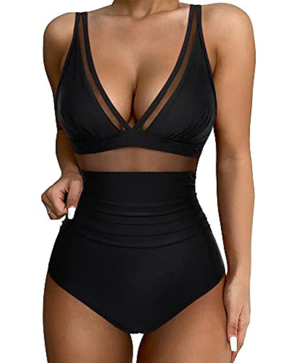 Da Donna Costume da Bagno Scollo a V Profondo Pannello in Mesh Arricciato Vita Alta