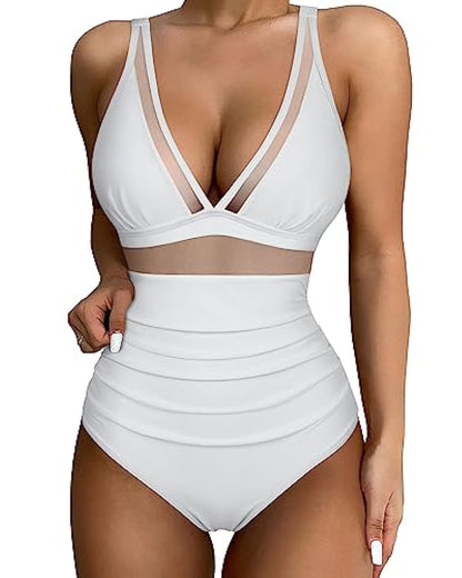Da Donna Costume da Bagno Scollo a V Profondo Pannello in Mesh Arricciato Vita Alta