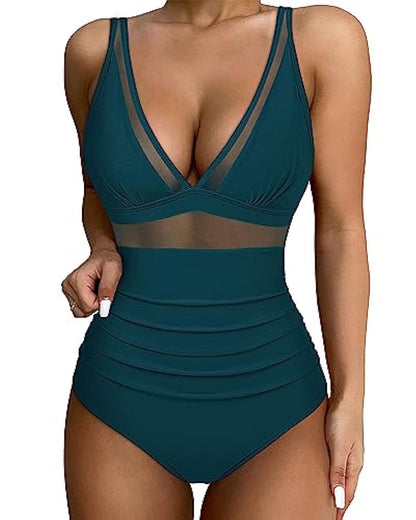 Da Donna Costume da Bagno Scollo a V Profondo Pannello in Mesh Arricciato Vita Alta