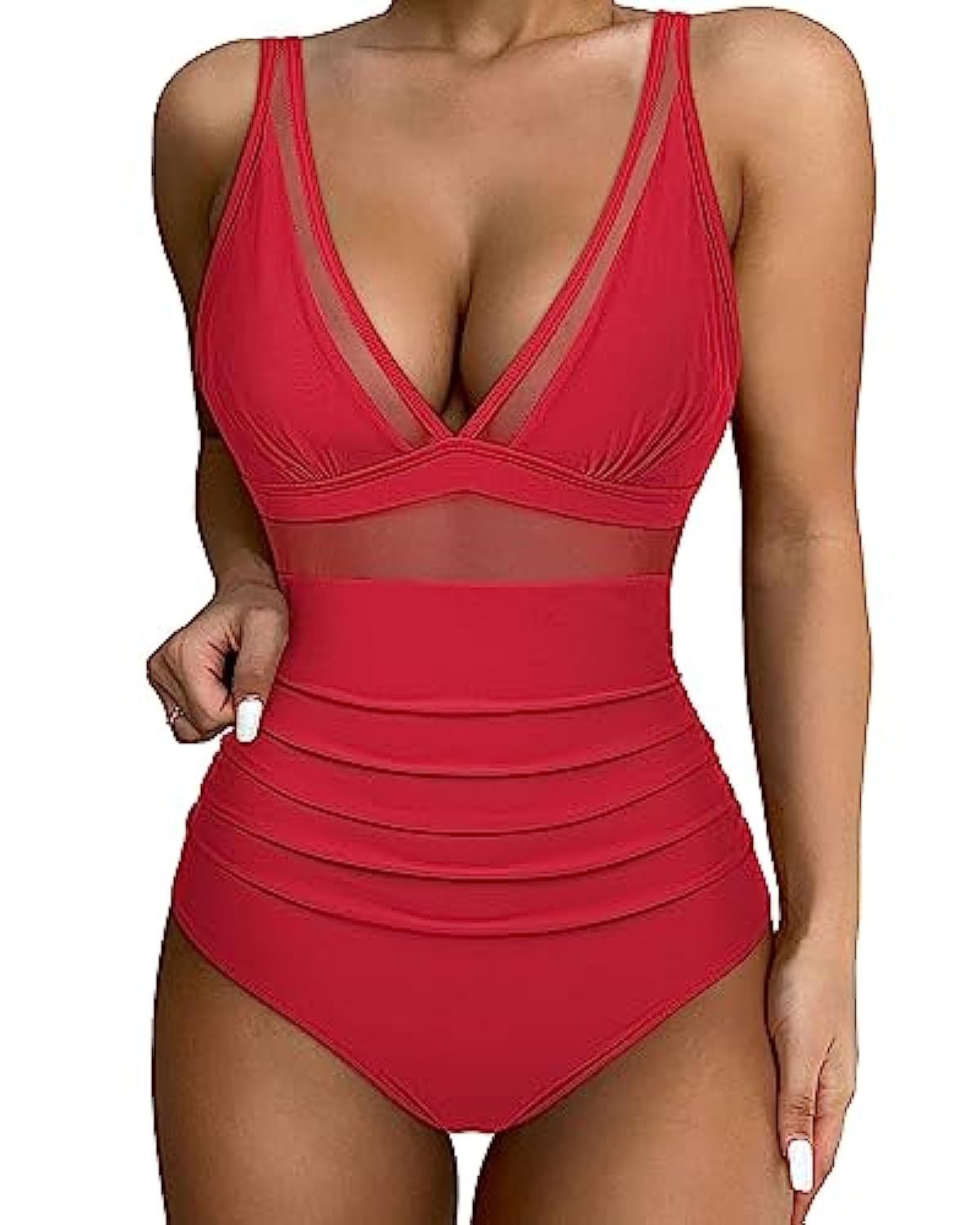 Da Donna Costume da Bagno Scollo a V Profondo Pannello in Mesh Arricciato Vita Alta