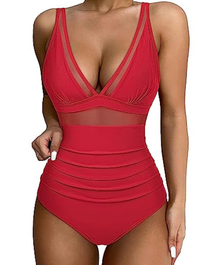 Da Donna Costume da Bagno Scollo a V Profondo Pannello in Mesh Arricciato Vita Alta