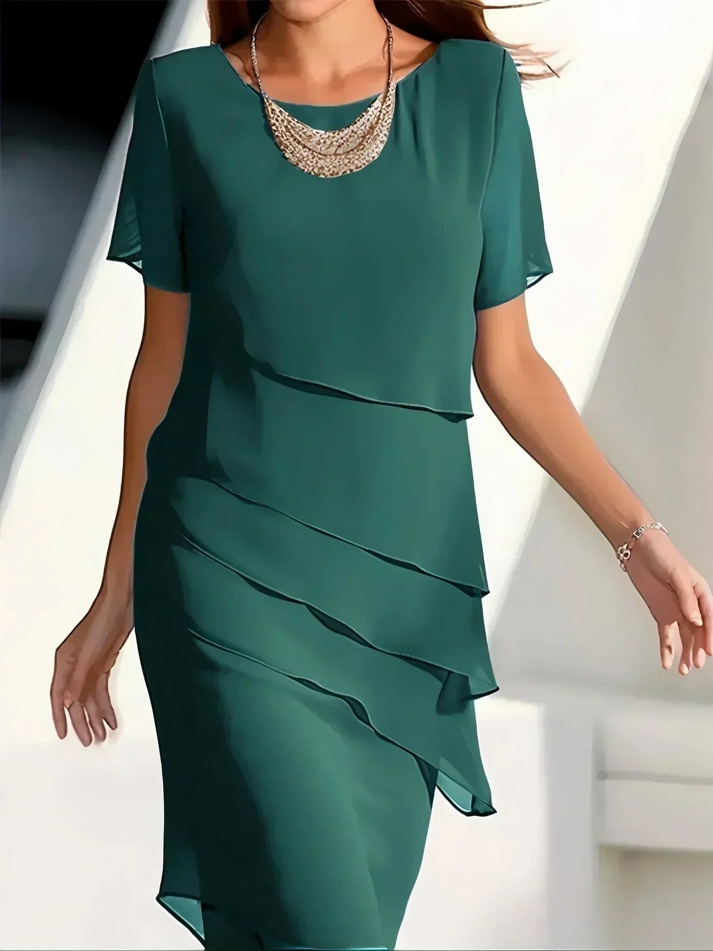 Da Donna Abito Midi in Chiffon a Strati Elegante da Cerimonia