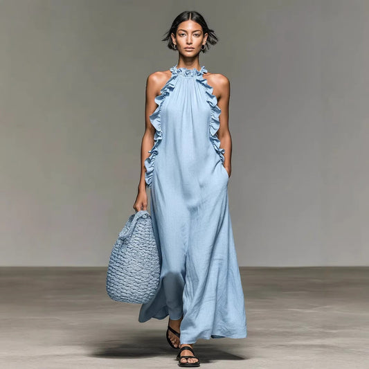 Da Donna Abito Maxi All'Americana Bordo con Volant Senza Maniche Vestibilità Comoda