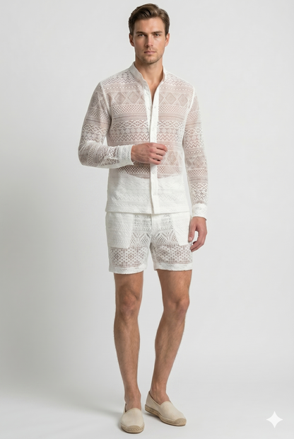 Da Uomo Set Coordinato in Pizzo Traforato con Camicia e Shorts