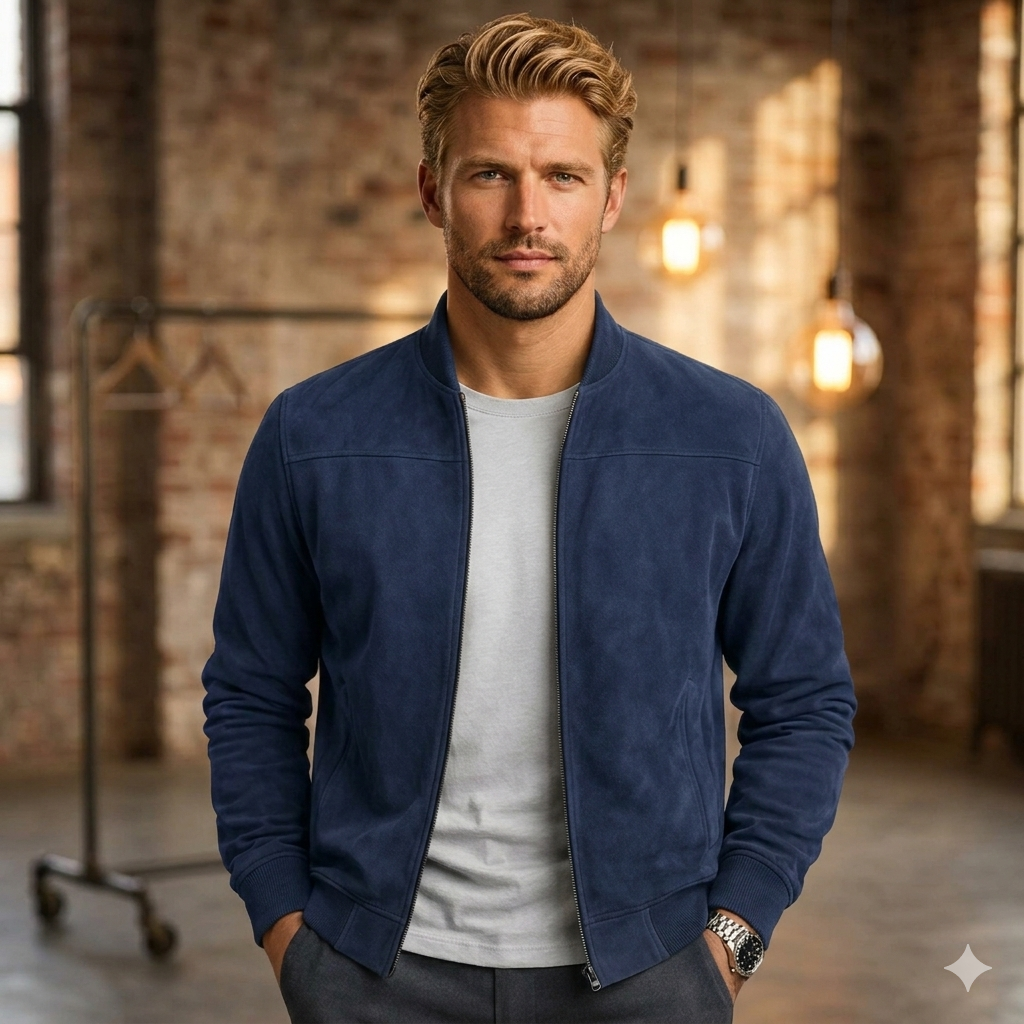 Giacca Bomber in Finto Scamosciato – Giubbotto Casual Elegante con Zip e Finiture a Costine