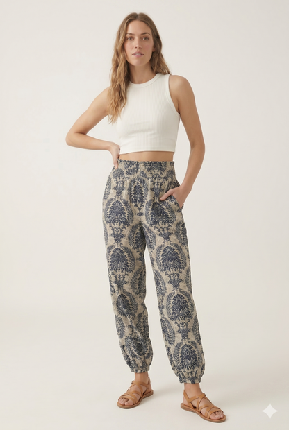 Women's Wide-Leg Pants with Elastic Waist, Boho Print, Flowing