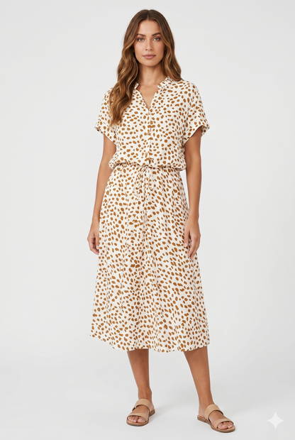 Da Donna Abito Midi Fluido Vita Regolabile Stampa Elegante